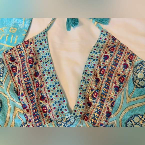 Handmade Bohemian Floral Silk Halter Tie Blue Patterned Summer Top. One Size. - Picture 10 of 10